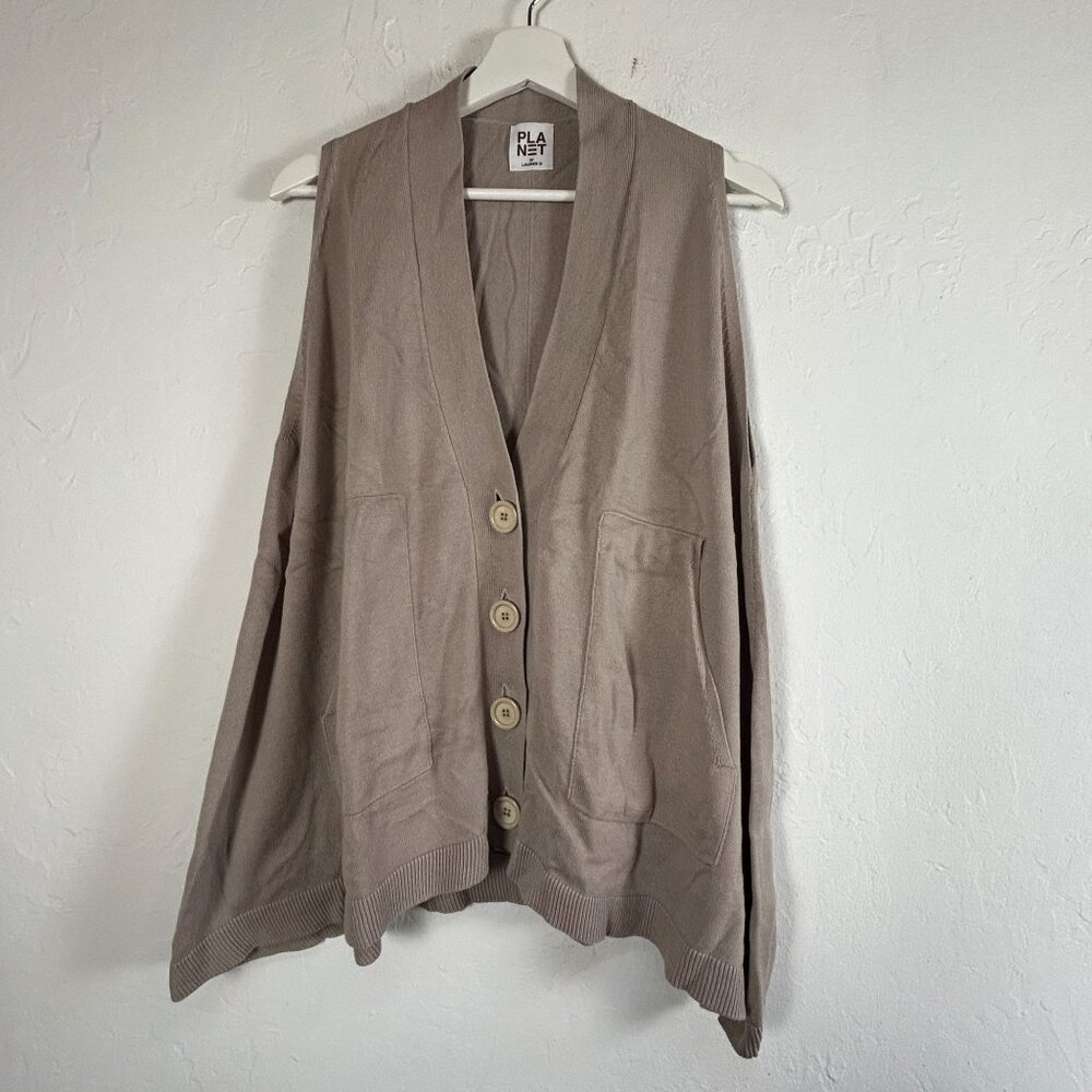 Planet by Lauren G Womens Oversized Button-Front Vest Tan One Size Lightweight